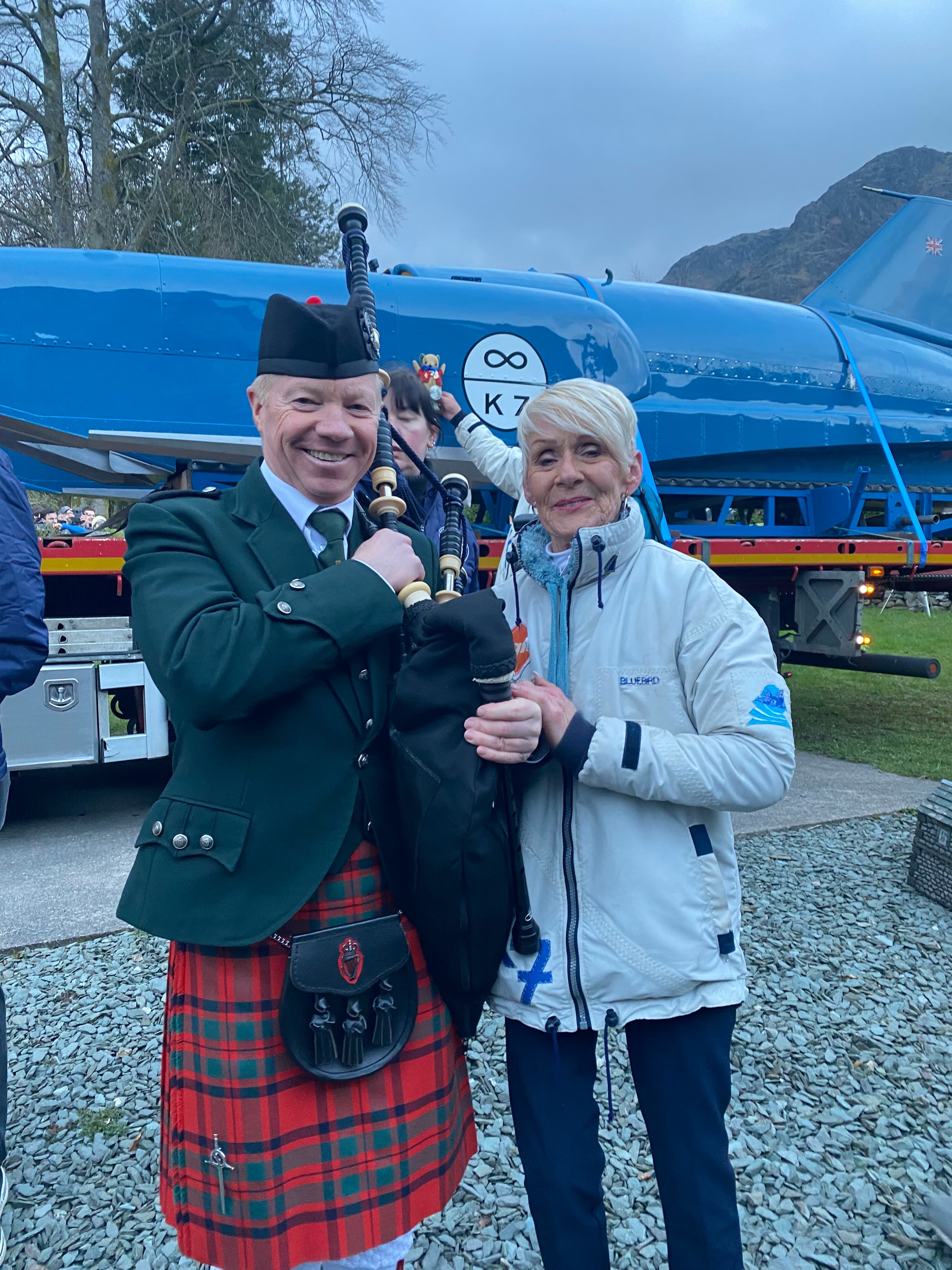 Craig McIntosh with Gina Campbell beside Donald Campbell’s Bluebird K7